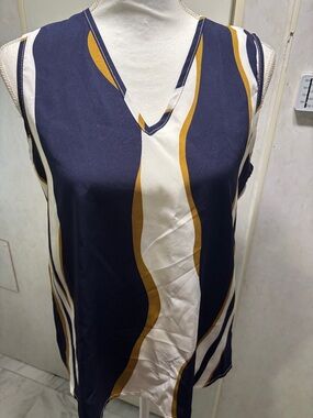 SHEIN Navy, White & Mustard Wave-Stripe V-Neck Sleeveless Top